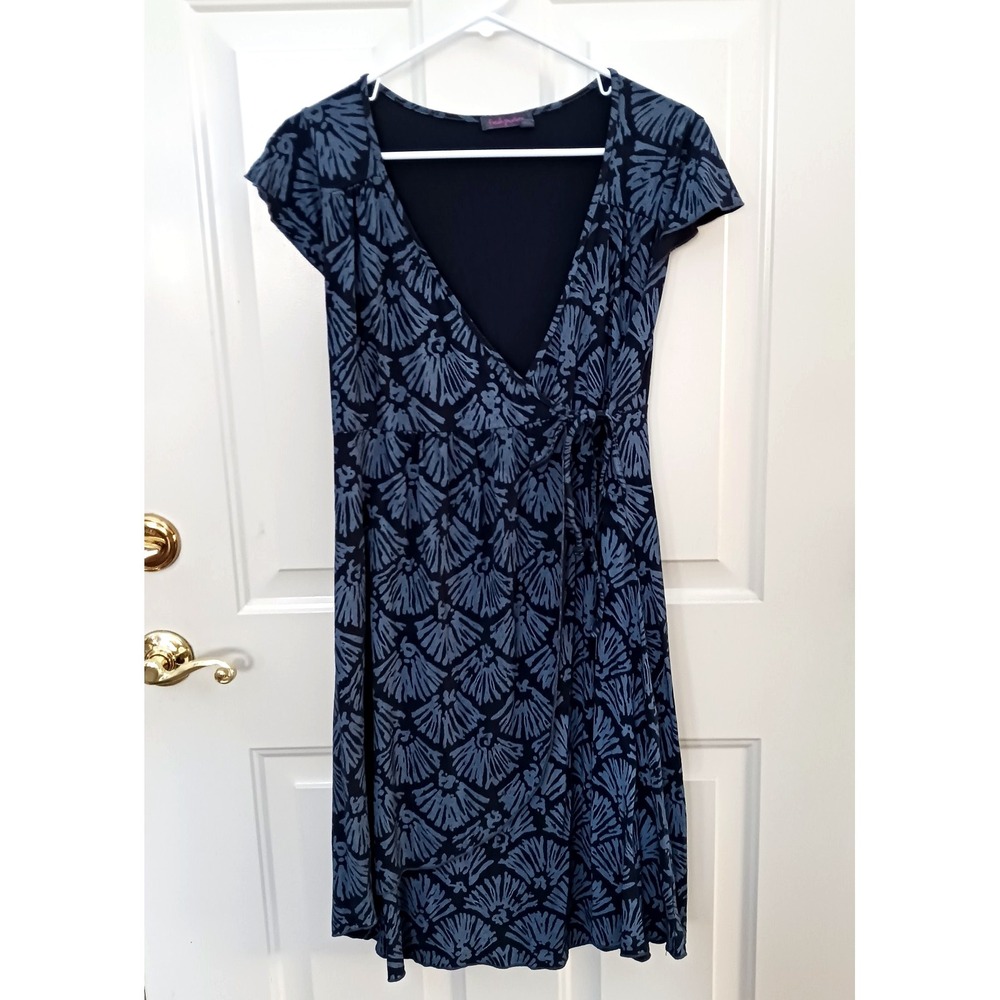 Fresh Produce Faux Wrap Dress Size Small USA Made Rayon Blend Blue Shell Print